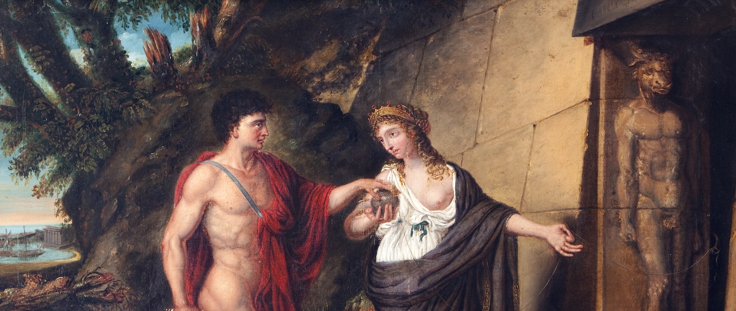 A painting of Theseus and Ariadne. A white man wearing a red cape , holding a sword and a white woman wearing a white dress and brown cape standing at the entrance to the labyrinth.