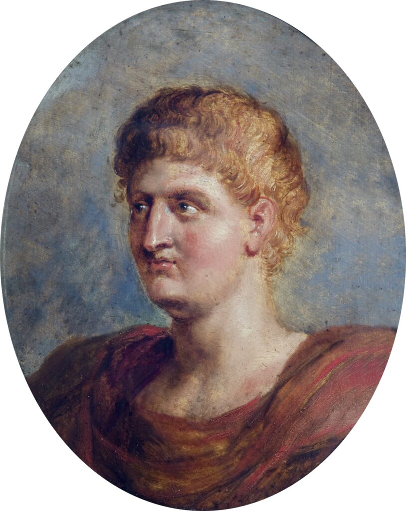 Painting of the bust of Emperor Ortho. White man with blonde hair wearing a red robe on a blue background.