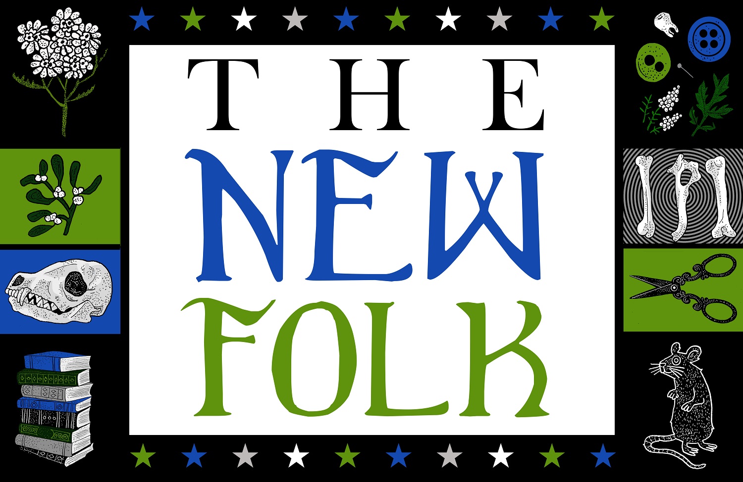 Logo for The New Folk. Text The New Folk in black, green and blue lettering on a white background.