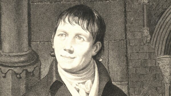 black and white drawing of a man with short hair on top but longer curls at the back. Smartly dressed