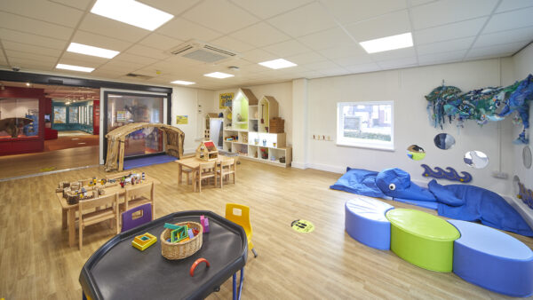 Dudley's Den - tuff tray to the left and bean bags to the right