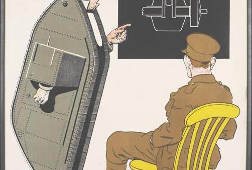 cartoon of a man presenting to a soldier