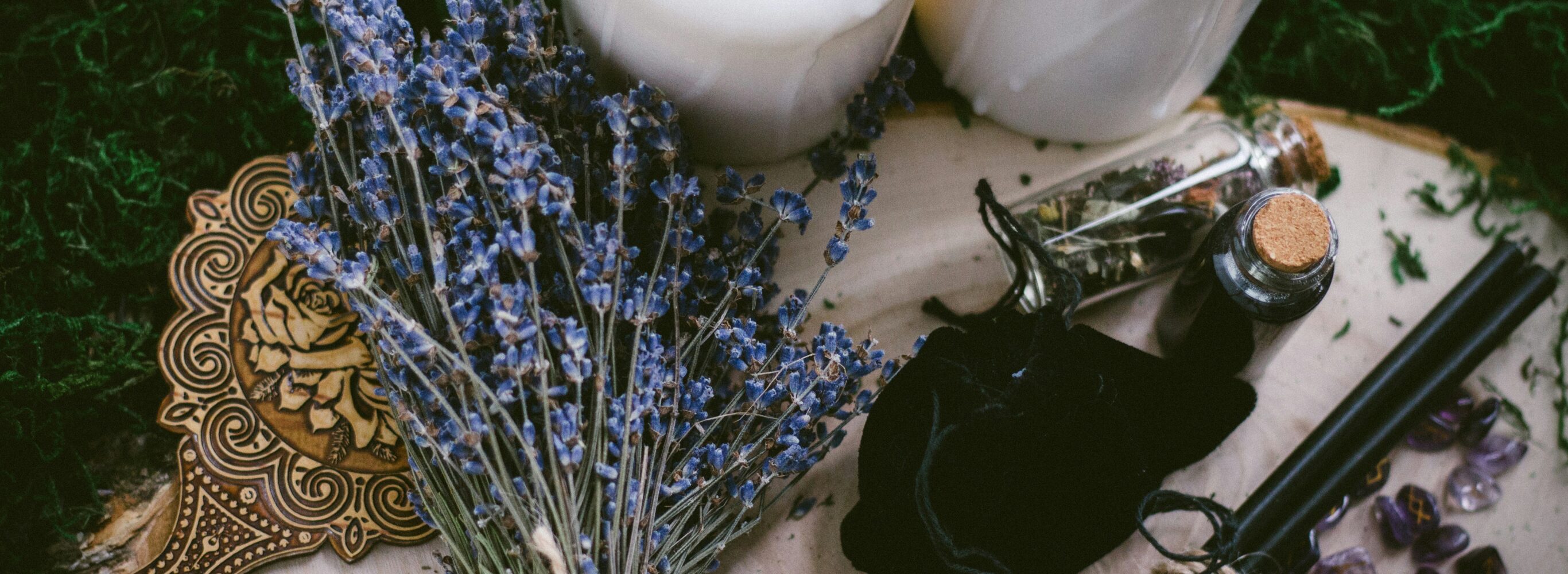 witchy items - lavender and a bag of herbs