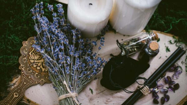 witchy items - lavender and a bag of herbs