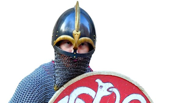 man in a Viking helmet holding a shield